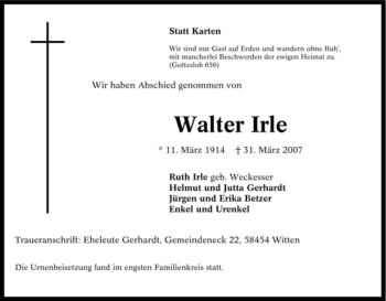 Traueranzeige von Walter Irle von Tageszeitung