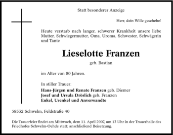 Traueranzeige von Lieselotte Franzen von Tageszeitung