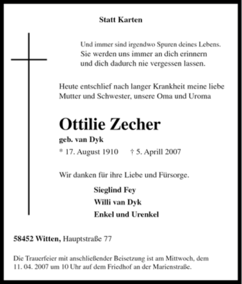 Traueranzeige von Ottilie Zecher von Tageszeitung