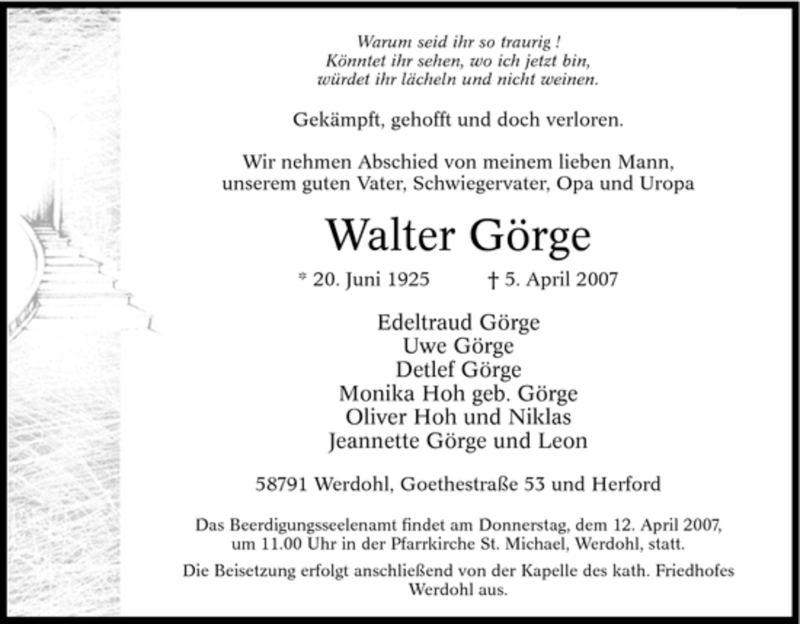  Traueranzeige für Walter Görge vom 07.04.2007 aus Tageszeitung