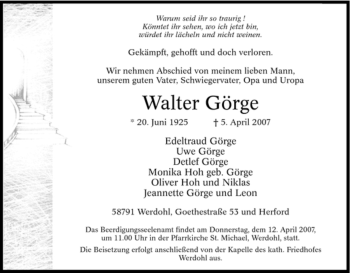 Traueranzeige von Walter Görge von Tageszeitung