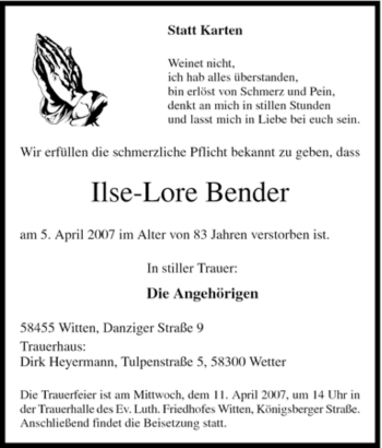 Traueranzeige von Ilse-Lore Bender von Tageszeitung