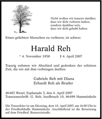 Traueranzeige von Harald Reh von Tageszeitung