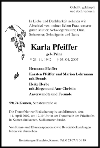 Traueranzeige von Karla Pfeiffer von Tageszeitung
