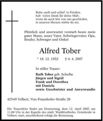 Traueranzeige von Alfred Tober von Tageszeitung