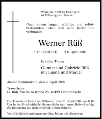 Traueranzeige von Werner Rüß von Tageszeitung