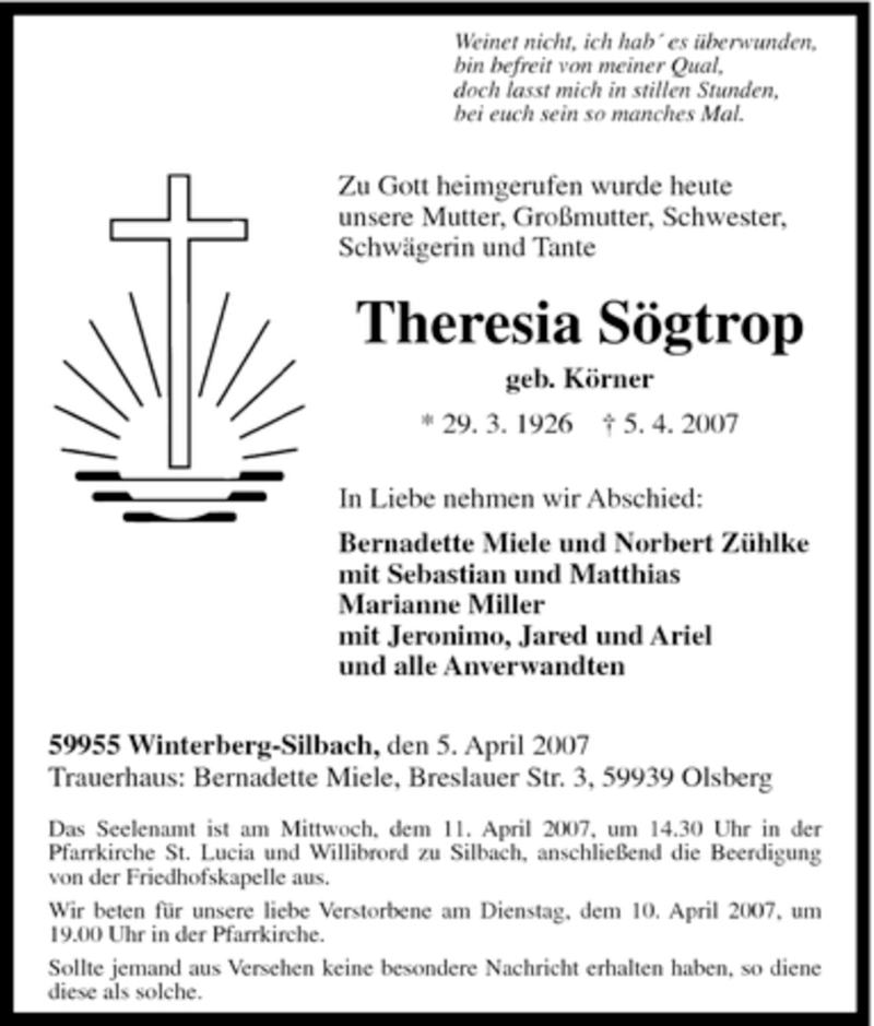  Traueranzeige für Theresia Sögtrop vom 07.04.2007 aus Tageszeitung