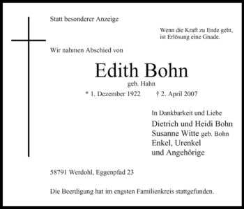 Traueranzeige von Edith Bohn von Tageszeitung