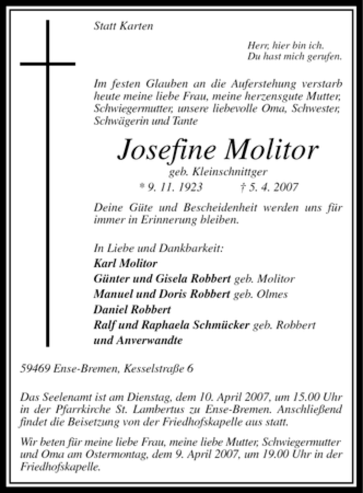  Traueranzeige für Josefine Molitor vom 07.04.2007 aus Tageszeitung