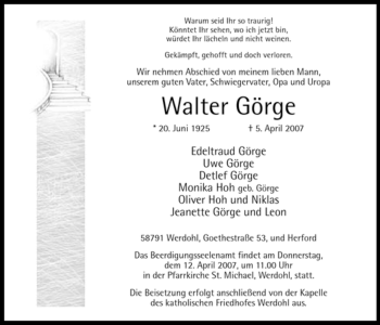 Traueranzeige von Walter Görge von Tageszeitung