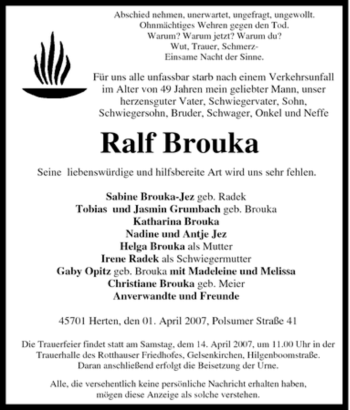 Traueranzeige von Ralf Brouka von Tageszeitung