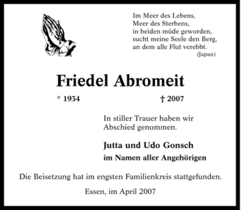 Traueranzeige von Friedel Abromeit von Tageszeitung