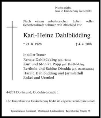 Traueranzeige von Karl-Heinz Dahlbüdding von Tageszeitung