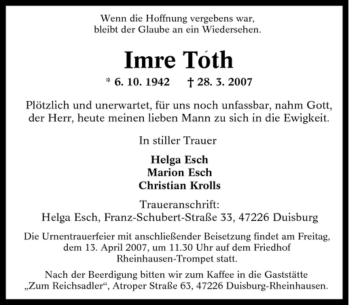 Traueranzeige von Imre Toth von Tageszeitung