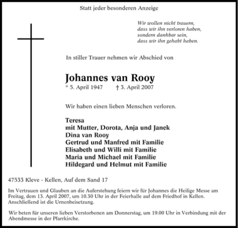  Traueranzeige für Johannes van Rooy vom 10.04.2007 aus Tageszeitung