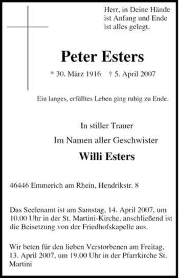 Traueranzeige von Peter Esters von Tageszeitung