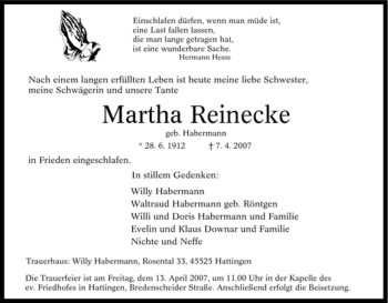 Traueranzeige von Martha Reinecke von Tageszeitung