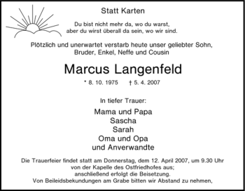 Traueranzeige von Marcus Langenfeld von Tageszeitung
