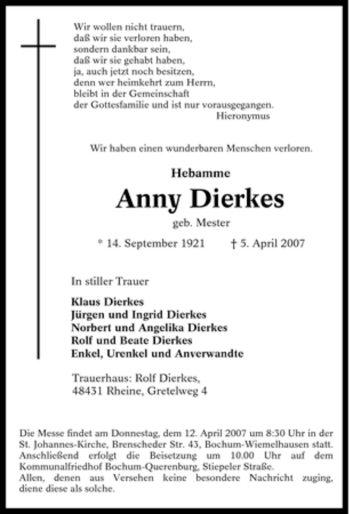 Traueranzeige von Anny Dierkes von Tageszeitung
