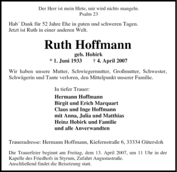 Traueranzeige von Ruth Hoffmann von Tageszeitung
