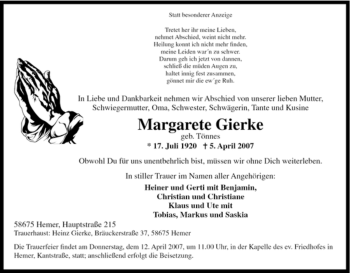 Traueranzeige von Margarete Gierke von Tageszeitung