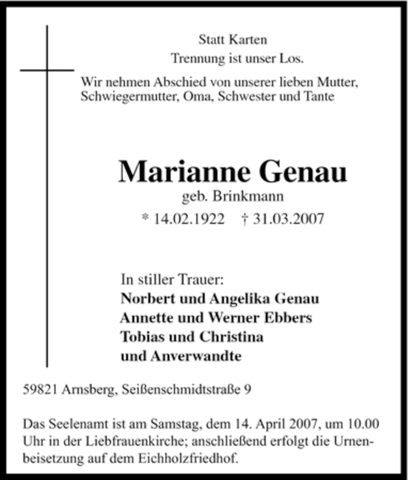  Traueranzeige für Marianne Genau vom 10.04.2007 aus Tageszeitung