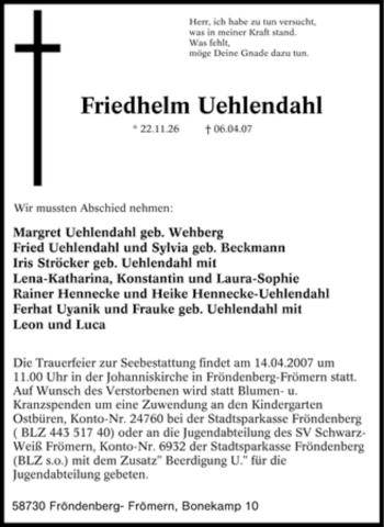 Traueranzeige von Friedhelm Uehlendahl von Tageszeitung