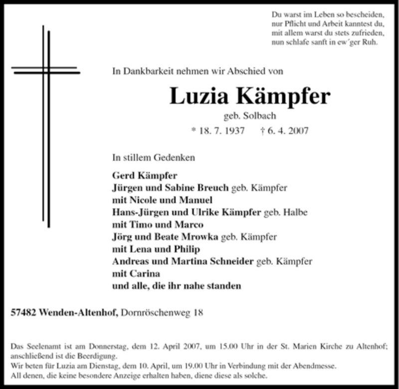  Traueranzeige für Luzia Kämpfer vom 10.04.2007 aus Tageszeitung