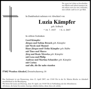 Traueranzeige von Luzia Kämpfer von Tageszeitung