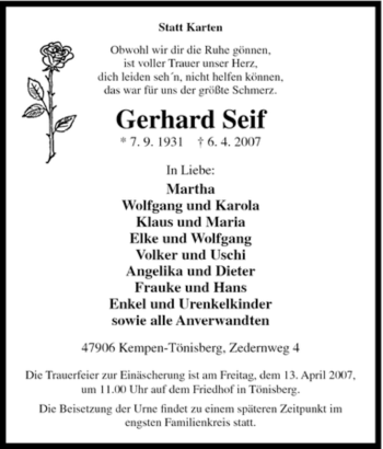 Traueranzeige von Gerhard Seif von Tageszeitung