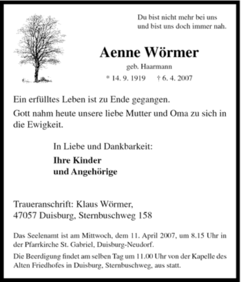Traueranzeige von Aenne Wörmer von Tageszeitung