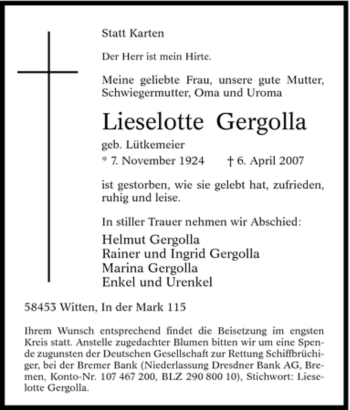 Traueranzeige von Lieselotte Gergolla von Tageszeitung