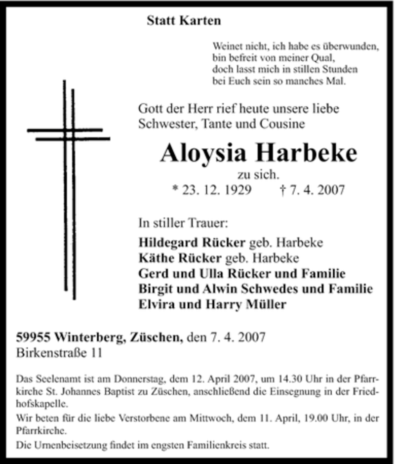  Traueranzeige für Aloysia Harbeke vom 10.04.2007 aus Tageszeitung