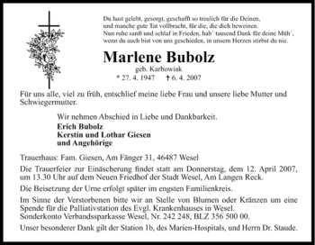 Traueranzeige von Marlene Bubolz von Tageszeitung