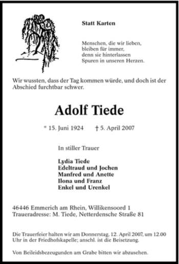 Traueranzeige von Adolf Tiede von Tageszeitung