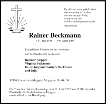Traueranzeige von Rainer Beckmann von Tageszeitung