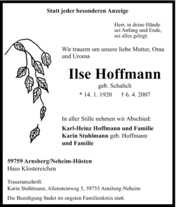 Traueranzeige von Ilse Hoffmann von Tageszeitung
