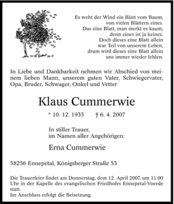 Traueranzeige von Klaus Cummerwie von Tageszeitung