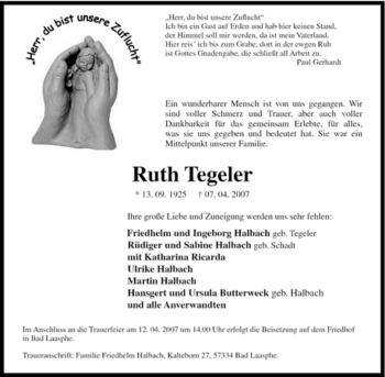 Traueranzeige von Ruth Tegeler von Tageszeitung