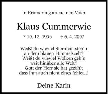 Traueranzeige von Klaus Cummerwie von Tageszeitung