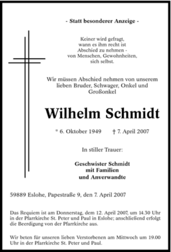 Traueranzeige von Wilhelm Schmidt von Tageszeitung