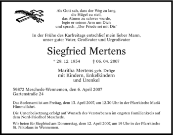 Traueranzeige von Siegfried Mertens von Tageszeitung