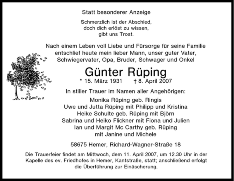  Traueranzeige für Günter Rüping vom 10.04.2007 aus Tageszeitung