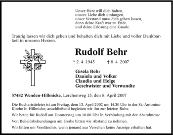 Traueranzeige von Rudolf Behr von Tageszeitung