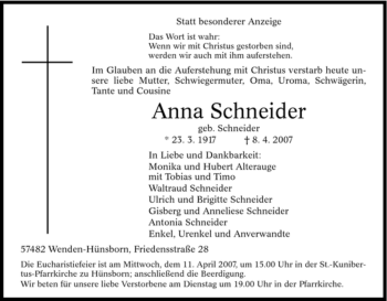 Traueranzeige von Anna Schneider von Tageszeitung