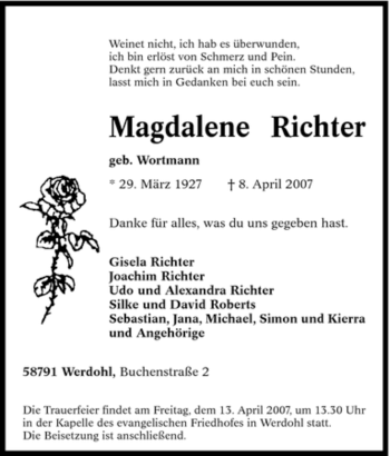 Traueranzeige von Magdalene Richter von Tageszeitung