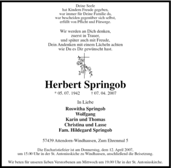 Traueranzeige von Herbert Springob von Tageszeitung