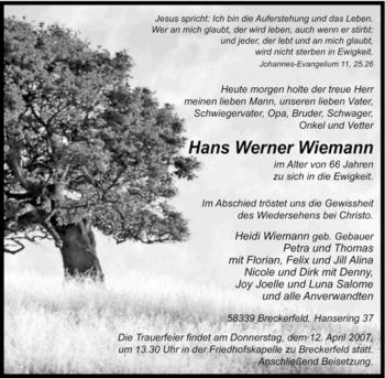 Traueranzeige von Hans Werner Wiemann von Tageszeitung