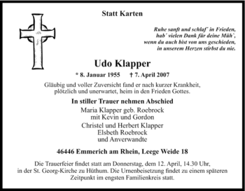 Traueranzeige von Udo Klapper von Tageszeitung