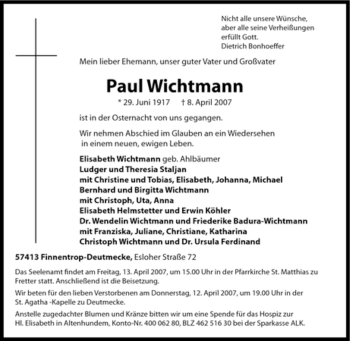 Traueranzeige von Paul Wichtmann von Tageszeitung